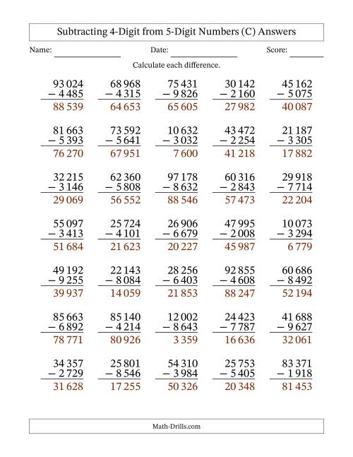 The Subtracting 4-Digit from 5-Digit Numbers With Some Regrouping (35 Questions) (Space Separated Thousands) (C) Math Worksheet Page 2