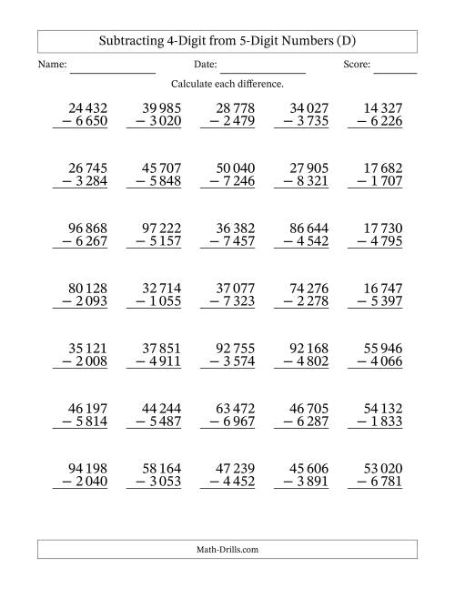 The Subtracting 4-Digit from 5-Digit Numbers With Some Regrouping (35 Questions) (Space Separated Thousands) (D) Math Worksheet