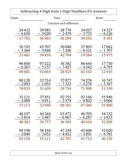 The Subtracting 4-Digit from 5-Digit Numbers With Some Regrouping (35 Questions) (Space Separated Thousands) (D) Math Worksheet Page 2