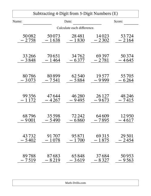 The Subtracting 4-Digit from 5-Digit Numbers With Some Regrouping (35 Questions) (Space Separated Thousands) (E) Math Worksheet