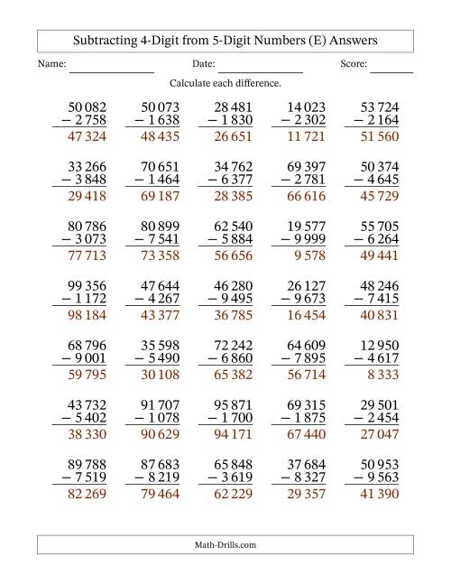 The Subtracting 4-Digit from 5-Digit Numbers With Some Regrouping (35 Questions) (Space Separated Thousands) (E) Math Worksheet Page 2