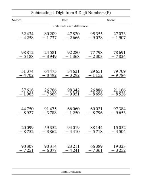 The Subtracting 4-Digit from 5-Digit Numbers With Some Regrouping (35 Questions) (Space Separated Thousands) (F) Math Worksheet