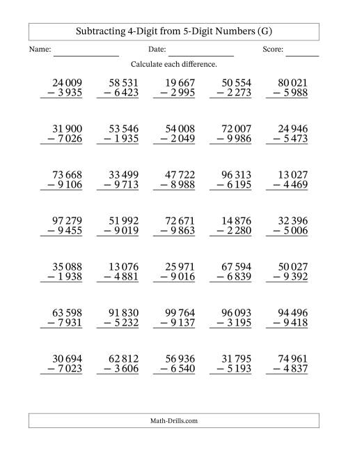 The Subtracting 4-Digit from 5-Digit Numbers With Some Regrouping (35 Questions) (Space Separated Thousands) (G) Math Worksheet
