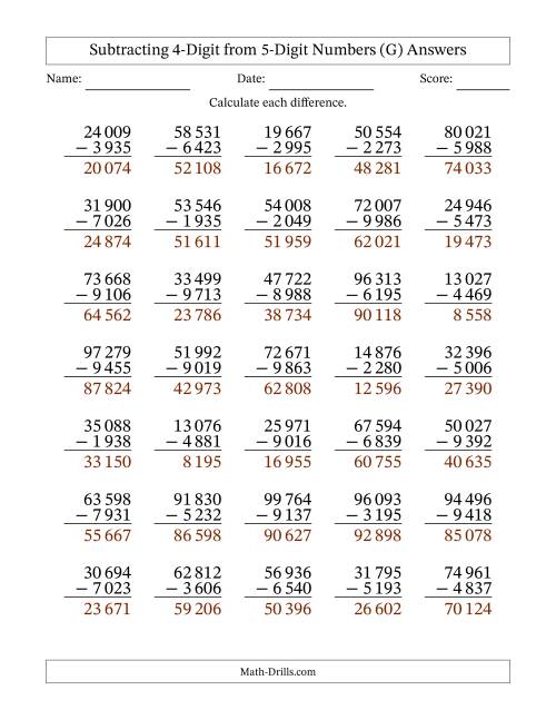 The Subtracting 4-Digit from 5-Digit Numbers With Some Regrouping (35 Questions) (Space Separated Thousands) (G) Math Worksheet Page 2