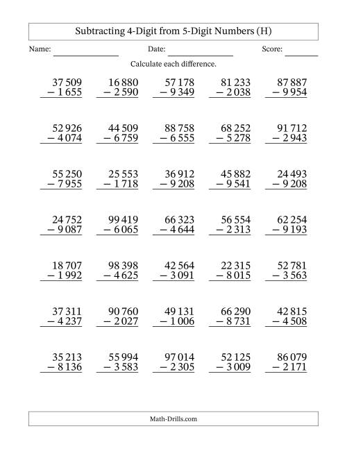 The Subtracting 4-Digit from 5-Digit Numbers With Some Regrouping (35 Questions) (Space Separated Thousands) (H) Math Worksheet