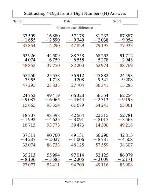 The Subtracting 4-Digit from 5-Digit Numbers With Some Regrouping (35 Questions) (Space Separated Thousands) (H) Math Worksheet Page 2
