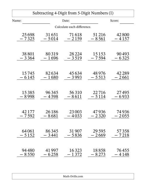 The Subtracting 4-Digit from 5-Digit Numbers With Some Regrouping (35 Questions) (Space Separated Thousands) (I) Math Worksheet
