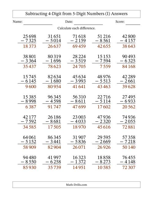 The Subtracting 4-Digit from 5-Digit Numbers With Some Regrouping (35 Questions) (Space Separated Thousands) (I) Math Worksheet Page 2