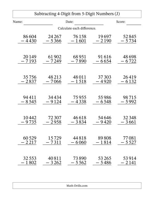 The Subtracting 4-Digit from 5-Digit Numbers With Some Regrouping (35 Questions) (Space Separated Thousands) (J) Math Worksheet