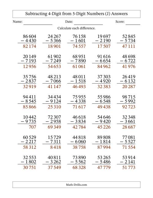 The Subtracting 4-Digit from 5-Digit Numbers With Some Regrouping (35 Questions) (Space Separated Thousands) (J) Math Worksheet Page 2