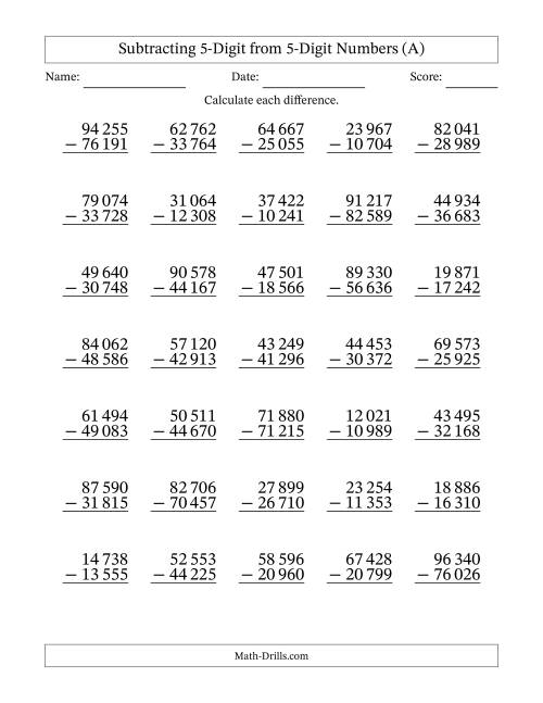 The 5-Digit Minus 5-Digit Subtraction with Space-Separated Thousands (A) Math Worksheet