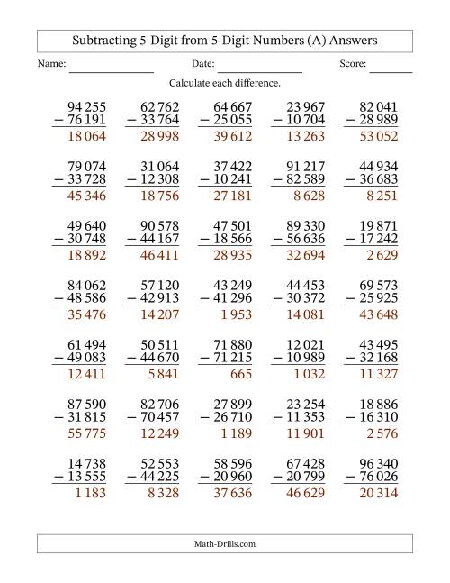 The Subtracting 5-Digit from 5-Digit Numbers With Some Regrouping (35 Questions) (Space Separated Thousands) (A) Math Worksheet Page 2