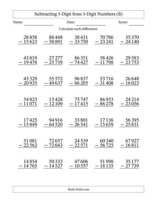 The 5-Digit Minus 5-Digit Subtraction with Space-Separated Thousands (B) Math Worksheet