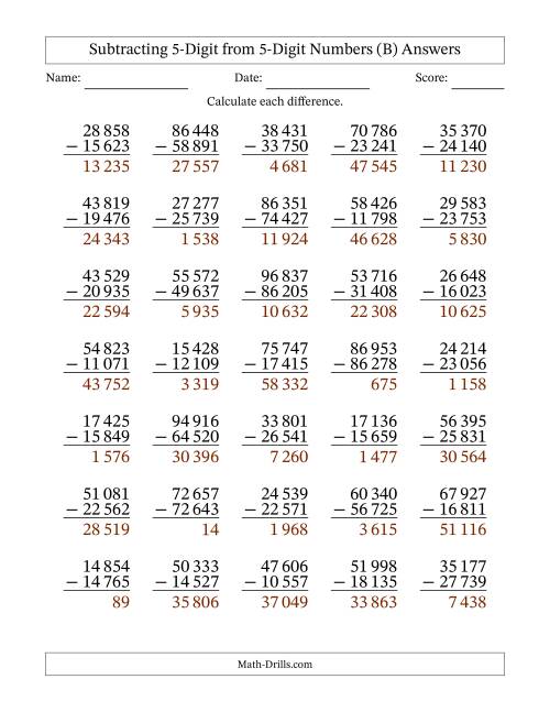 The Subtracting 5-Digit from 5-Digit Numbers With Some Regrouping (35 Questions) (Space Separated Thousands) (B) Math Worksheet Page 2