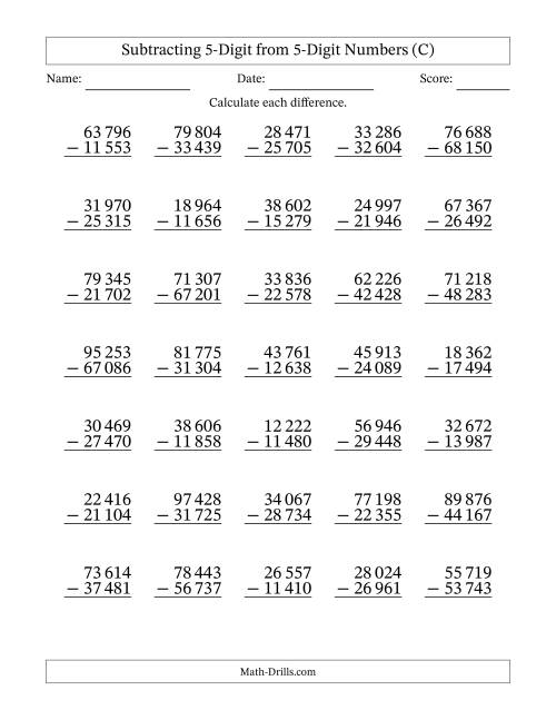 The 5-Digit Minus 5-Digit Subtraction with Space-Separated Thousands (C) Math Worksheet