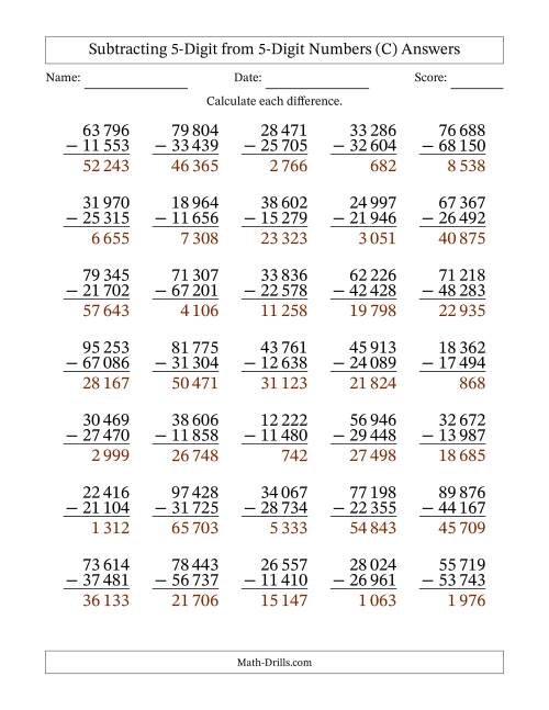 The Subtracting 5-Digit from 5-Digit Numbers With Some Regrouping (35 Questions) (Space Separated Thousands) (C) Math Worksheet Page 2