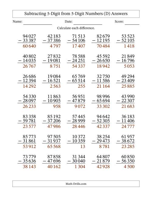 The 5-Digit Minus 5-Digit Subtraction with Space-Separated Thousands (D) Math Worksheet Page 2