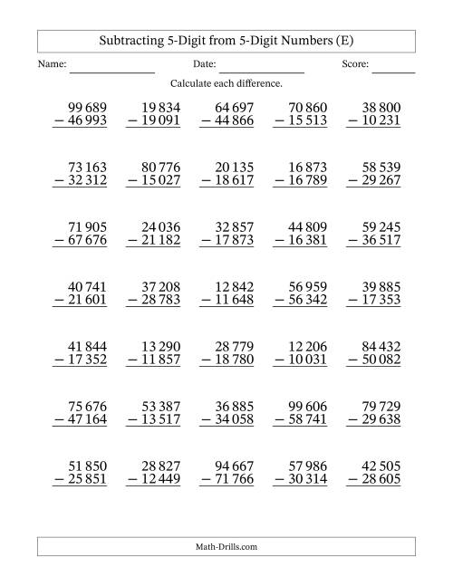 The Subtracting 5-Digit from 5-Digit Numbers With Some Regrouping (35 Questions) (Space Separated Thousands) (E) Math Worksheet