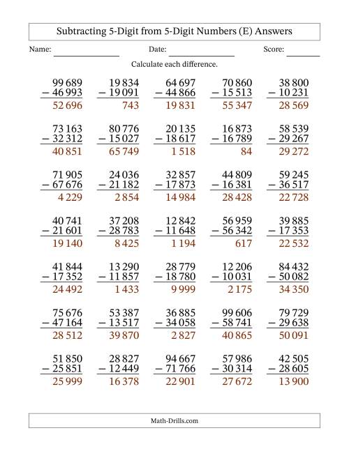 The Subtracting 5-Digit from 5-Digit Numbers With Some Regrouping (35 Questions) (Space Separated Thousands) (E) Math Worksheet Page 2