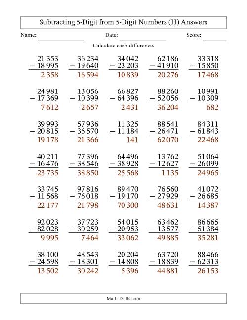 The Subtracting 5-Digit from 5-Digit Numbers With Some Regrouping (35 Questions) (Space Separated Thousands) (H) Math Worksheet Page 2