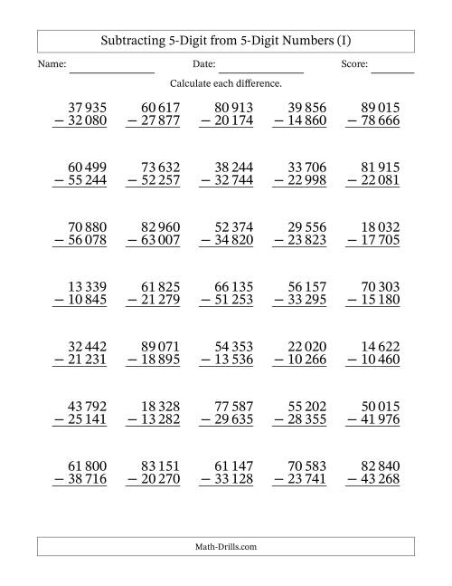 The Subtracting 5-Digit from 5-Digit Numbers With Some Regrouping (35 Questions) (Space Separated Thousands) (I) Math Worksheet