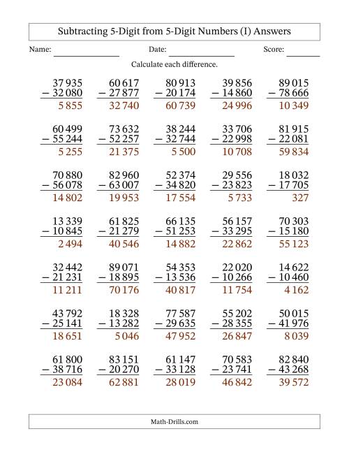 The Subtracting 5-Digit from 5-Digit Numbers With Some Regrouping (35 Questions) (Space Separated Thousands) (I) Math Worksheet Page 2