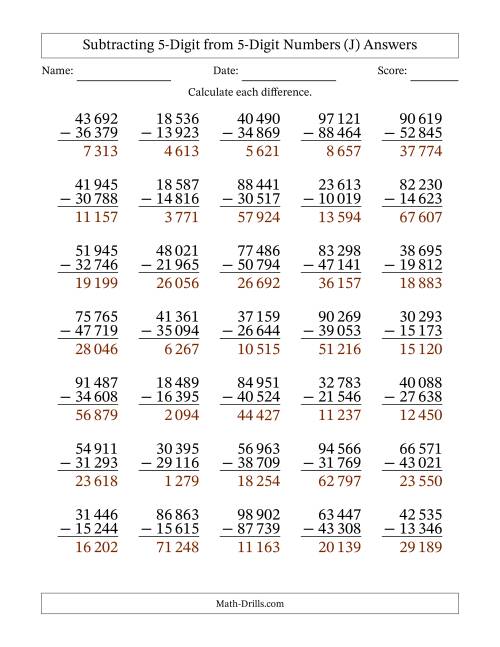The Subtracting 5-Digit from 5-Digit Numbers With Some Regrouping (35 Questions) (Space Separated Thousands) (J) Math Worksheet Page 2