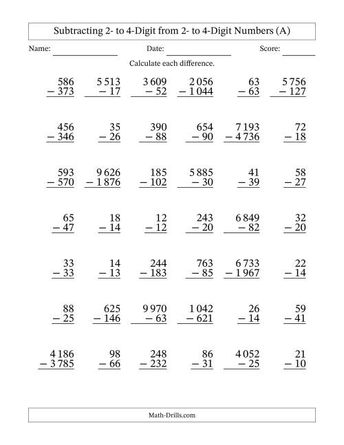 The Subtracting Various Multi-Digit Numbers from 2- to 4-Digits with Space-Separated Thousands (A) Math Worksheet