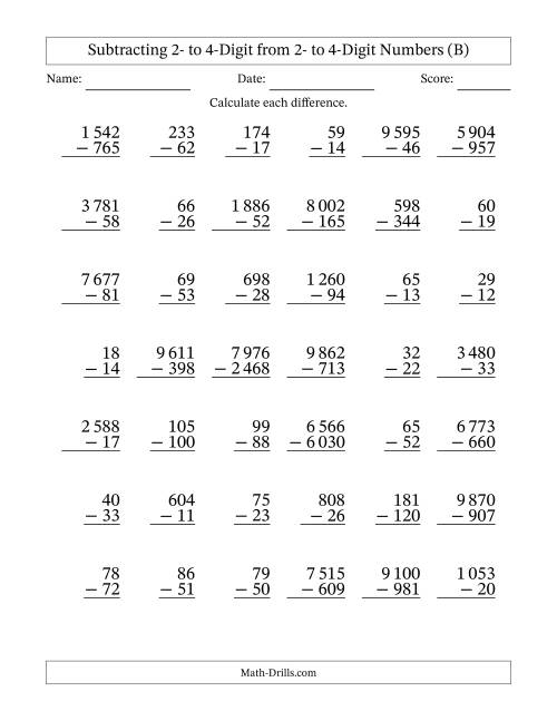 The Subtracting 2- to 4-Digit from 2- to 4-Digit Numbers With Some Regrouping (42 Questions) (Space Separated Thousands) (B) Math Worksheet