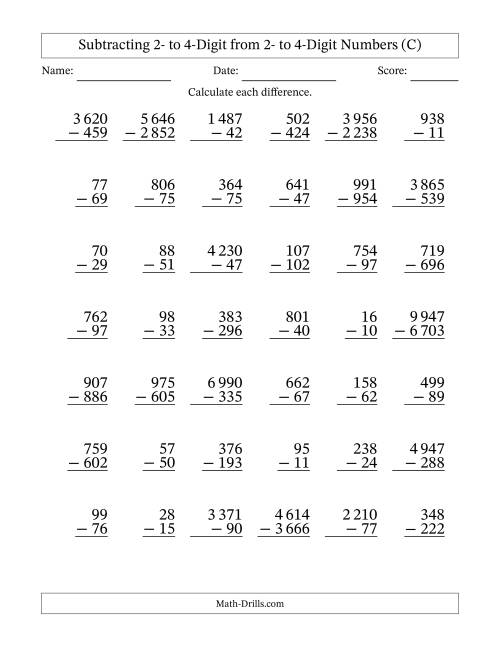 The Subtracting 2- to 4-Digit from 2- to 4-Digit Numbers With Some Regrouping (42 Questions) (Space Separated Thousands) (C) Math Worksheet