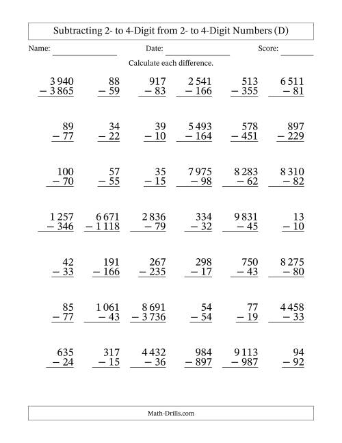 The Subtracting 2- to 4-Digit from 2- to 4-Digit Numbers With Some Regrouping (42 Questions) (Space Separated Thousands) (D) Math Worksheet