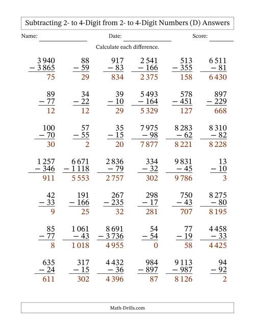 The Subtracting 2- to 4-Digit from 2- to 4-Digit Numbers With Some Regrouping (42 Questions) (Space Separated Thousands) (D) Math Worksheet Page 2