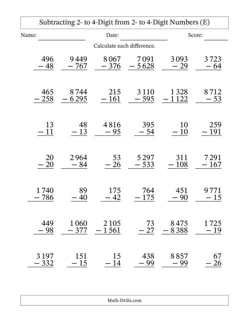 The Subtracting 2- to 4-Digit from 2- to 4-Digit Numbers With Some Regrouping (42 Questions) (Space Separated Thousands) (E) Math Worksheet