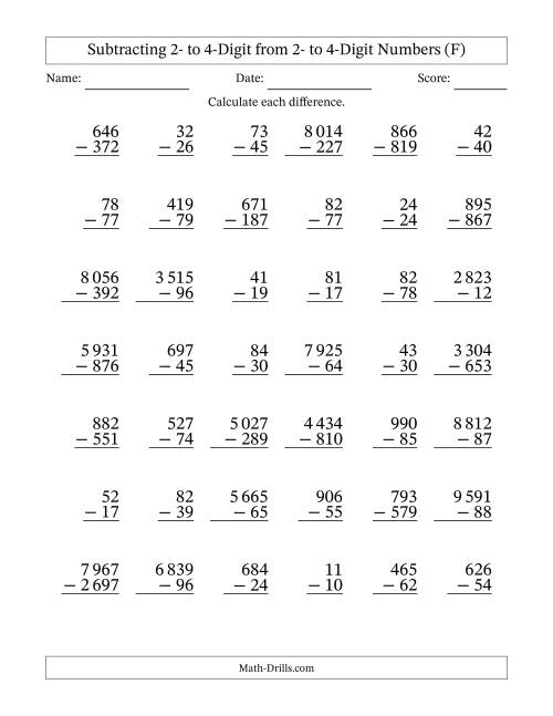The Subtracting Various Multi-Digit Numbers from 2- to 4-Digits with Space-Separated Thousands (F) Math Worksheet