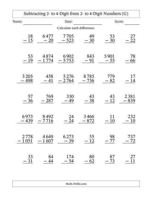 The Subtracting 2- to 4-Digit from 2- to 4-Digit Numbers With Some Regrouping (42 Questions) (Space Separated Thousands) (G) Math Worksheet
