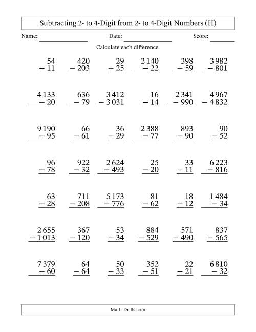 The Subtracting 2- to 4-Digit from 2- to 4-Digit Numbers With Some Regrouping (42 Questions) (Space Separated Thousands) (H) Math Worksheet