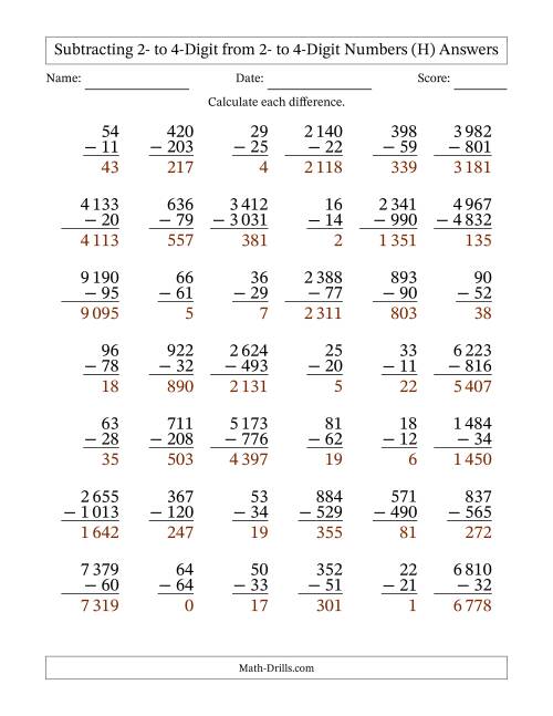 The Subtracting 2- to 4-Digit from 2- to 4-Digit Numbers With Some Regrouping (42 Questions) (Space Separated Thousands) (H) Math Worksheet Page 2