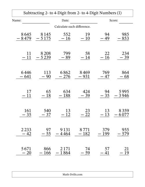 The Subtracting Various Multi-Digit Numbers from 2- to 4-Digits with Space-Separated Thousands (I) Math Worksheet