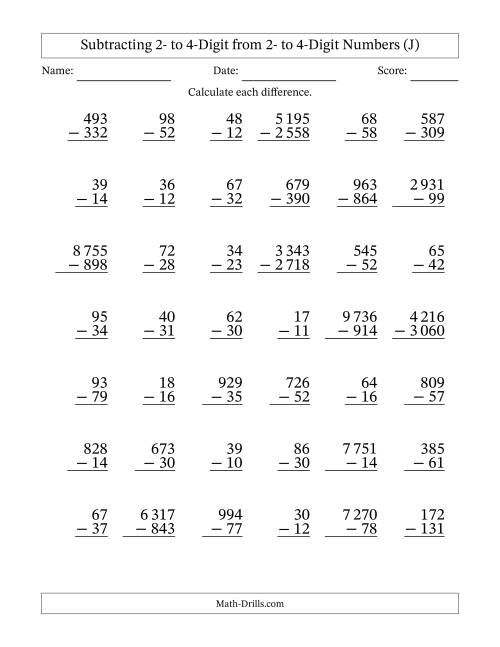 The Subtracting 2- to 4-Digit from 2- to 4-Digit Numbers With Some Regrouping (42 Questions) (Space Separated Thousands) (J) Math Worksheet
