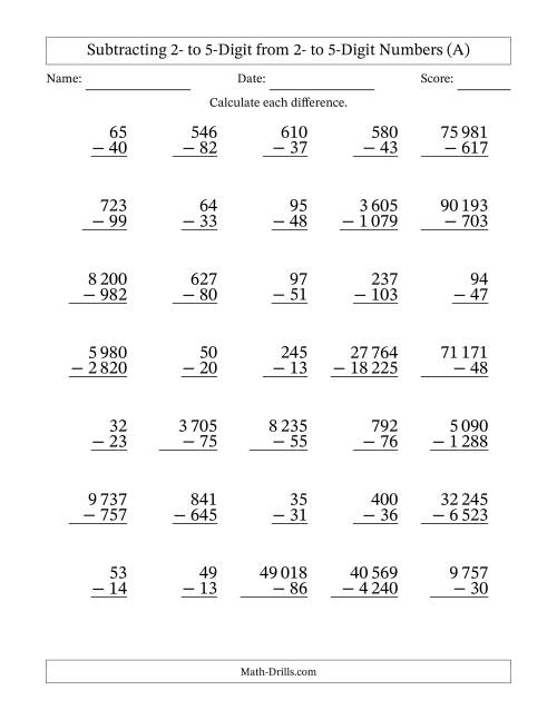 The Subtracting 2- to 5-Digit from 2- to 5-Digit Numbers With Some Regrouping (35 Questions) (Space Separated Thousands) (A) Math Worksheet