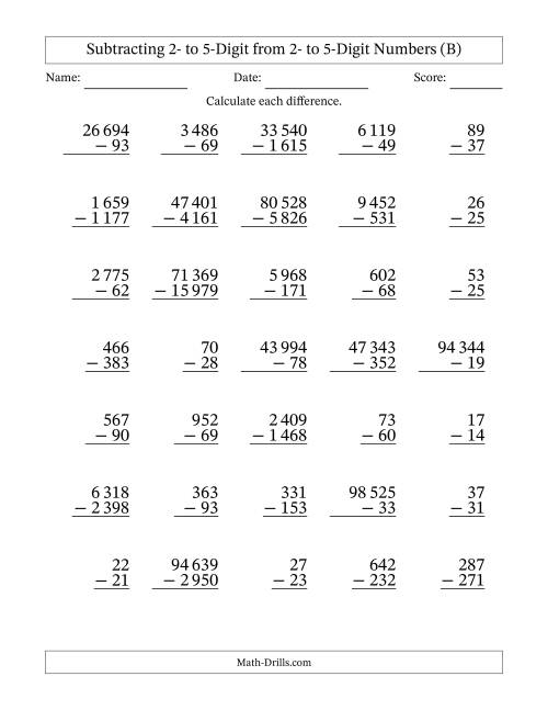 The Subtracting Various Multi-Digit Numbers from 2- to 5-Digits with Space-Separated Thousands (B) Math Worksheet