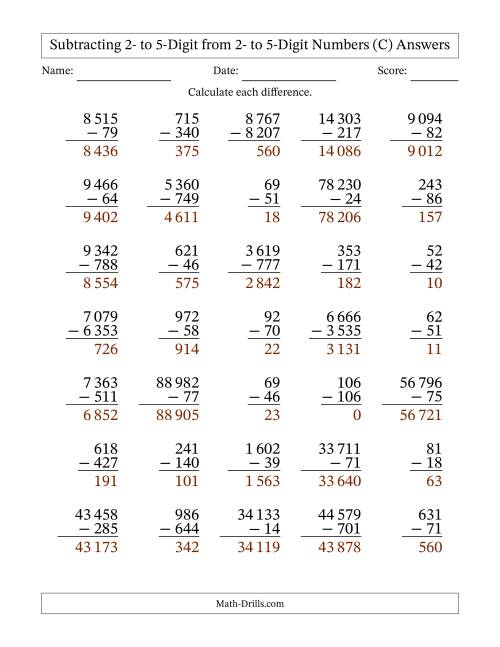 The Subtracting Various Multi-Digit Numbers from 2- to 5-Digits with Space-Separated Thousands (C) Math Worksheet Page 2