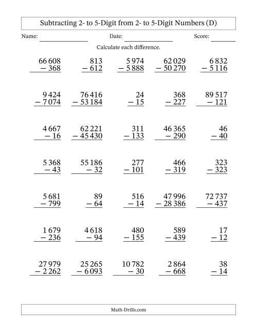 The Subtracting 2- to 5-Digit from 2- to 5-Digit Numbers With Some Regrouping (35 Questions) (Space Separated Thousands) (D) Math Worksheet
