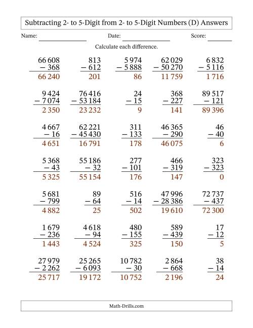 The Subtracting 2- to 5-Digit from 2- to 5-Digit Numbers With Some Regrouping (35 Questions) (Space Separated Thousands) (D) Math Worksheet Page 2