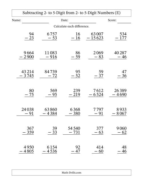 The Subtracting 2- to 5-Digit from 2- to 5-Digit Numbers With Some Regrouping (35 Questions) (Space Separated Thousands) (E) Math Worksheet