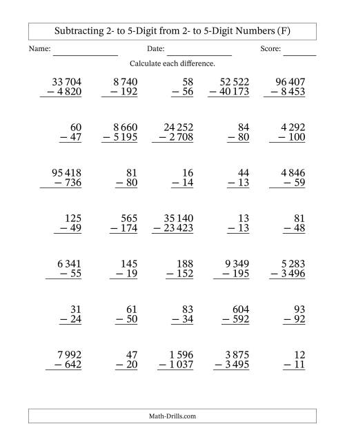The Subtracting 2- to 5-Digit from 2- to 5-Digit Numbers With Some Regrouping (35 Questions) (Space Separated Thousands) (F) Math Worksheet
