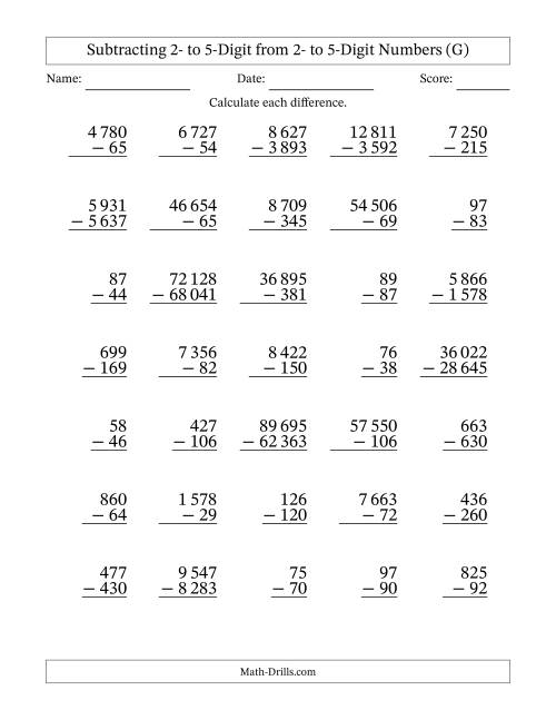 The Subtracting Various Multi-Digit Numbers from 2- to 5-Digits with Space-Separated Thousands (G) Math Worksheet