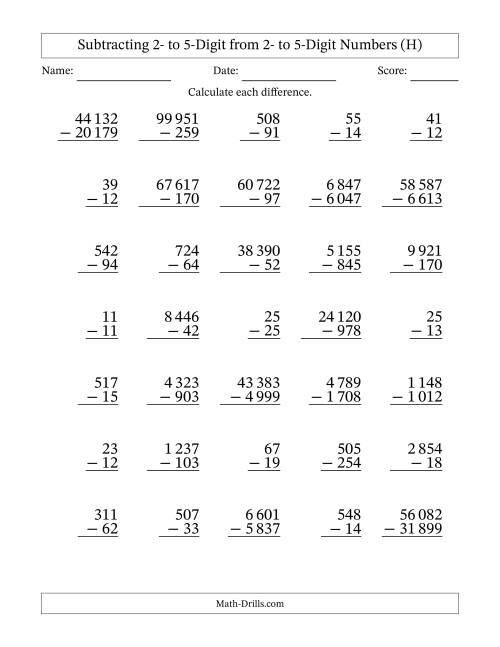 The Subtracting Various Multi-Digit Numbers from 2- to 5-Digits with Space-Separated Thousands (H) Math Worksheet