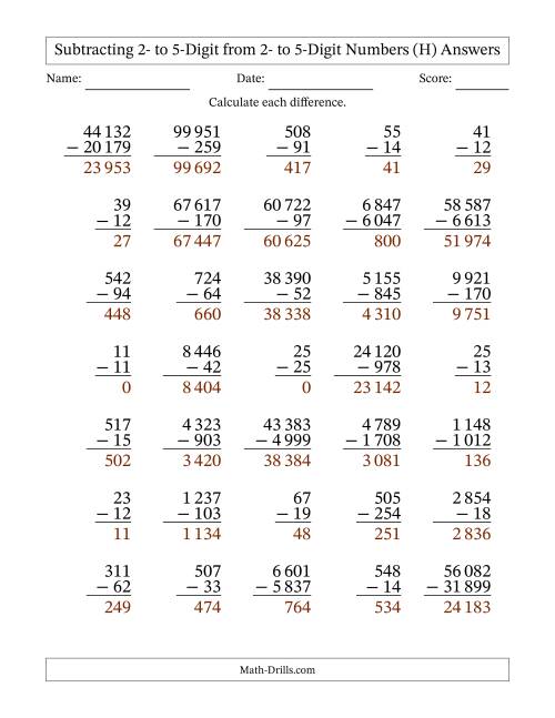The Subtracting Various Multi-Digit Numbers from 2- to 5-Digits with Space-Separated Thousands (H) Math Worksheet Page 2