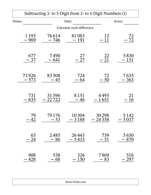 The Subtracting Various Multi-Digit Numbers from 2- to 5-Digits with Space-Separated Thousands (I) Math Worksheet